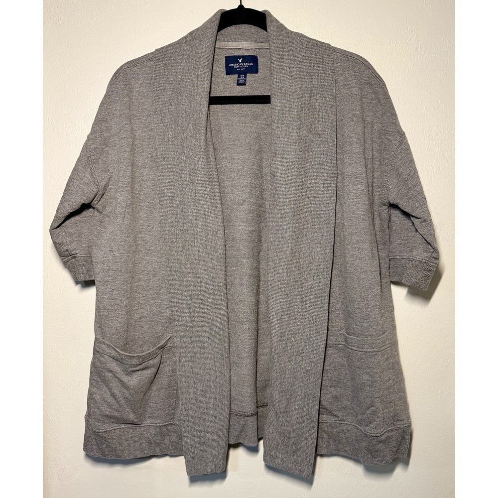 American Eagle Open Front Cardigan Women Size XS/S Gray Oversized Short Sleeve
